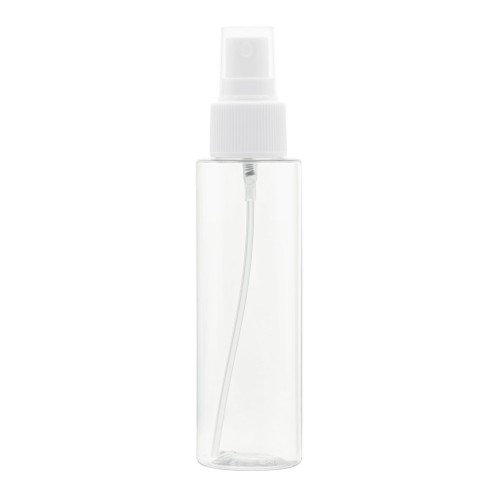 Bezbarwna butelka 100 ml PET, w zestawie z białym ryflowanym atomizerem, plastikowe opakowanie, toniki, zapachy do włosów, testery, podróże, 100 ml + AT WH R 24/410.