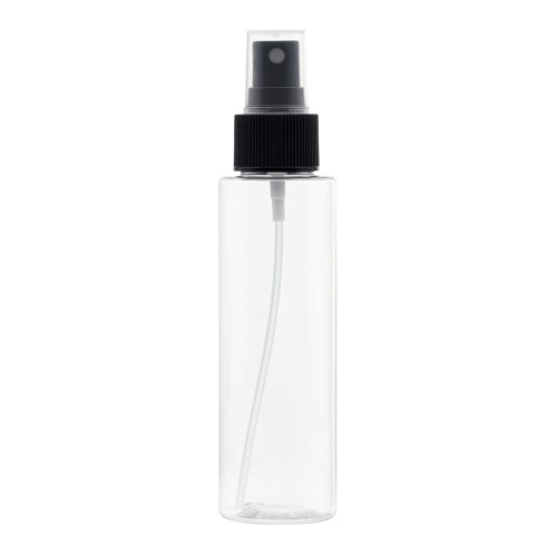 Bezbarwna butelka 100 ml PET, w zestawie z czarnym ryflowanym atomizerem, równomierne rozpylanie, kontrolowanie poziomu zawartości, próbki kosmetyków, testery, toniki, spraye do włosów, mgiełki do twarzy, 100 ml + AT BL R 24/410.
