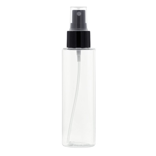 Bezbarwna butelka 100 ml PET, w zestawie z czarnym gładkim atomizerem, plastikowe opakowanie, równomierne rozpylanie, kontrolowanie poziomu zawartości, podróże, spraye do włosów, mini mgiełki do twarzy, testery, 100 ml + AT BL G 24/410.
