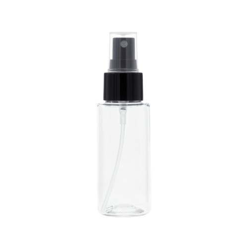 Bezbarwna butelka 50 ml PET, w zestawie z czarnym gładkim atomizerem, plastikowe opakowanie, równomierne rozpylanie, kontrolowanie poziomu zawartości, próbki, spraye do włosów, mini mgiełki do twarzy, testery, 50 ml + AT BL G 24/410.
