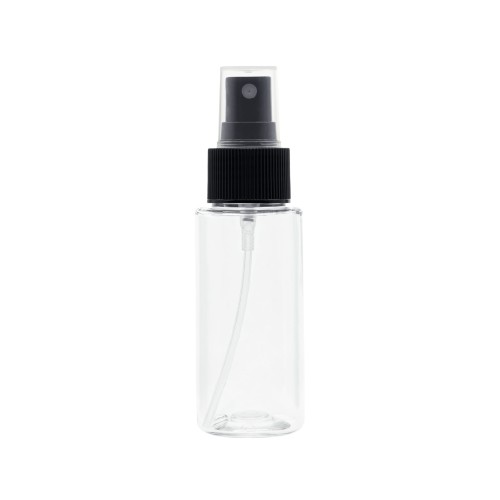 Bezbarwna butelka 50 ml PET, w zestawie z czarnym ryflowanym atomizerem, plastikowe opakowanie, równomierne rozpylanie, kontrolowanie poziomu zawartości, próbki, spraye do włosów, mini mgiełki do twarzy, testery, 50 ml + AT BL R 24/410.