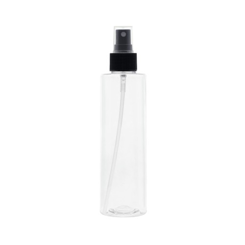 Bezbarwna butelka 200 ml PET, w zestawie z czarnym ryflowanym atomizerem, plastikowe opakowanie, równomierne rozpylanie, kontrolowanie poziomu zawartości, toniki, spraye do włosów, mgiełki do twarzy, 200 ml + AT BL R 24/410.