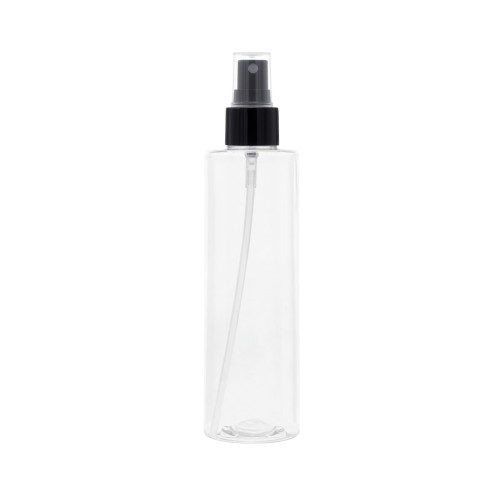 Bezbarwna butelka PET 200 ml z czarnym gładkim atomizerem 24/410. Transparentne opakowanie pozwala kontrolować poziom zawartości. Do toników, sprayów do włosów, hydrolatów i mgiełek do twarzy. 200 ml PET + AT BL G 24/410.