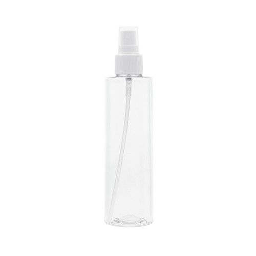 Bezbarwna butelka 200 ml PET, w zestawie z białym ryflowanym atomizerem, plastikowe opakowanie, równomierne rozpylanie, kontrolowanie poziomu zawartości, toniki, spraye do włosów, mgiełki do twarzy, 200 ml + AT WH R 24/410.