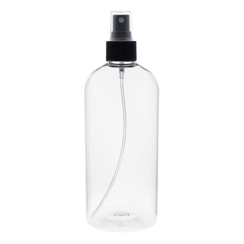 Bezbarwna butelka 500 ml PET, w zestawie z czarnym ryflowanym atomizerem, plastikowe opakowanie, kontrolowanie poziomu zawartości, spraye do włosów, mgiełki do zabaw z dziećmi, nawilżenie zwierząt, 500 ml + AT BL R 24/410.