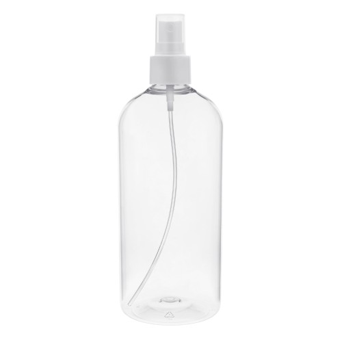 Bezbarwna butelka 500 ml PET, w zestawie z białym gładkim atomizerem, plastikowe opakowanie, kontrolowanie poziomu zawartości, spraye do włosów, mgiełki do zabaw z dziećmi, nawilżenie zwierząt, 500 ml + AT WH G 24/410.