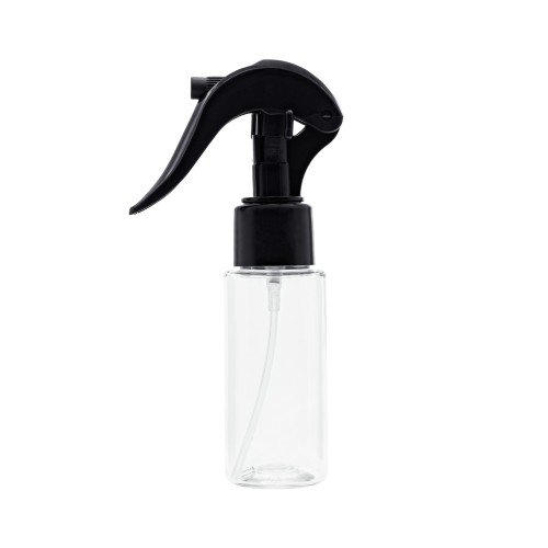 Bezbarwna butelka 50 ml, w zestawie z czarnym mini triggerem, rozpylacz, aplikacja płynów w formie mgiełki, strumienia, testery, próbki, mini środki czystości, 50 ml PET + TR BL 24/410.