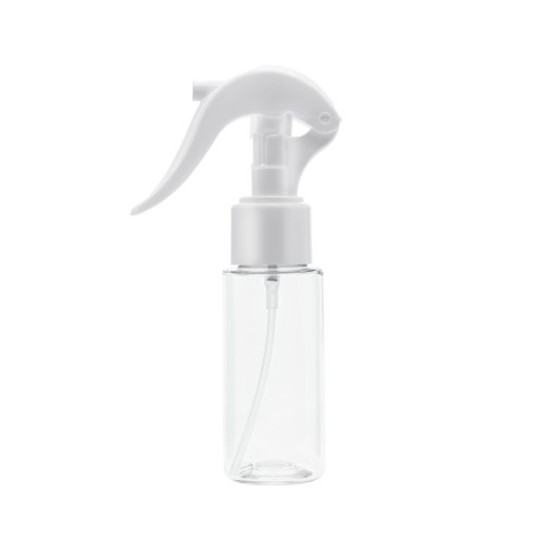 Bezbarwna butelka 50 ml, w zestawie z białym mini triggerem, rozpylacz, aplikacja płynów w formie mgiełki, strumienia, testery, próbki, mini środki czystości, 50 ml PET + TR WH 24/410.