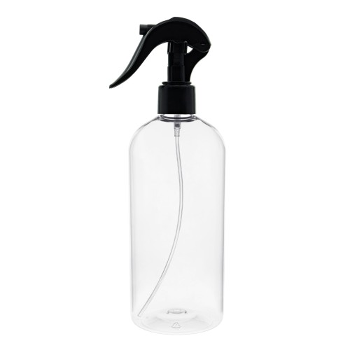 Bezbarwna butelka 500 ml, w zestawie z czarnym mini triggerem, rozpylacz, funkcjonalne opakowanie, solidny rozpylacz, środki do czyszczenia, preparaty do ogrodu, kosmetyki w sprayu, preparaty do powierzchni, 500 ml PET + TR BL 24/410.