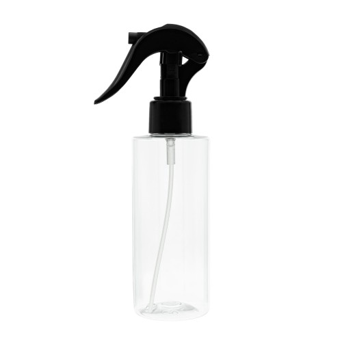Bezbarwna butelka 150 ml, w zestawie z czarnym mini triggerem, funkcjonalne opakowanie, komfortowa aplikacja płynów, środki czystości, odświeżacze, preparaty do pielęgnacji roślin, 150 ml PET + TR BL 24/410.