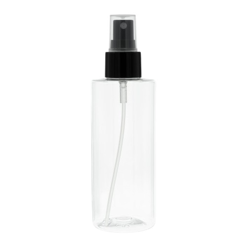 Bezbarwna butelka 150 ml PET, w zestawie z czarnym gładkim atomizerem, plastikowe opakowanie, nowoczesne opakowanie, równomierny strumień, toniki, spraye do włosów, mgiełki do twarzy, 150 ml + AT BL G 24/410.