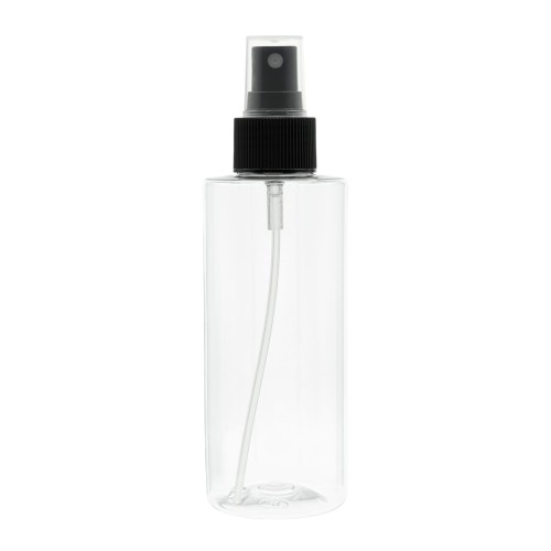 Bezbarwna butelka 150 ml PET, w zestawie z czarnym ryflowanym atomizerem, plastikowe opakowanie, równomierne rozpylanie, kontrolowanie poziomu zawartości, toniki, spraye do włosów, mgiełki do twarzy, 150 ml + AT BL R 24/410.