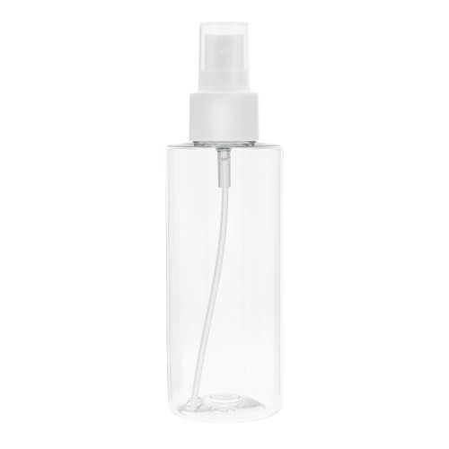 Bezbarwna butelka 150 ml PET, w zestawie z białym gładkim atomizerem, plastikowe opakowanie, równomierne rozpylanie, kontrolowanie poziomu zawartości, toniki, spraye do włosów, mgiełki do twarzy, 150 ml + AT WH G 24/410.