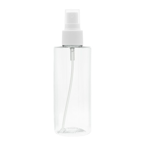 Bezbarwna butelka 150 ml PET, w zestawie z białym ryflowanym atomizerem, plastikowe opakowanie, równomierne rozpylanie, kontrolowanie poziomu zawartości, toniki, spraye do włosów, mgiełki do twarzy, 150 ml + AT WH R 24/410.