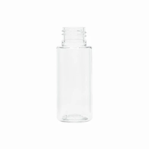 Transparentna butelka PET 50 ml z gwintem 24/410 i cylindrycznym kształtem CR. Kompaktowe opakowanie do kosmetyków, wcierek, serum, olejków, preparatów pielęgnacyjnych, próbek kosmetycznych oraz produktów w małych pojemnościach.