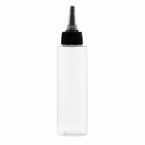 Transparentna butelka PET 100 ml z czarnym aplikatorem dzióbek 24/410 i otworem 3 mm do precyzyjnego dozowania wcierek, serum, odżywek, olejków, preparatów trychologicznych, kosmetyków oraz płynnych produktów pielęgnacyjnych.