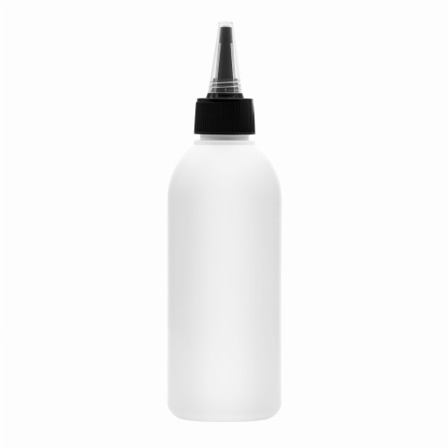 Biała butelka 200 ml HDPE, w zestawie z czarnym aplikatorem typu dzióbek, wielokrotnego użytku, plastikowe opakowanie, smukły aplikator, salony fryzjerskie, barber shopy, olejki, sera, 200 ml HDPE+ APL BL 24/410.
