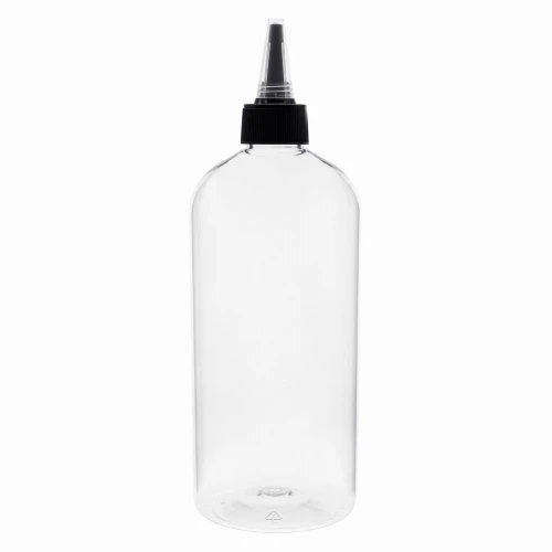 Butelka PET 500 ml transparentna z czarnym aplikatorem dzióbek 24/410 i otworem 3 mm. Opakowanie do wcierek, odżywek, serum, olejków, preparatów trychologicznych i kosmetyków wymagających precyzyjnego dozowania.