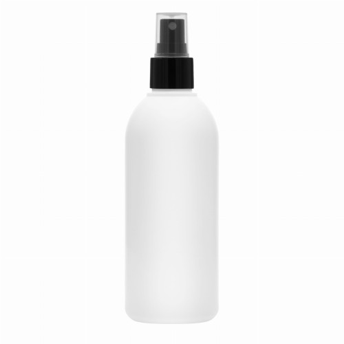 Biała butelka 200 ml HDPE, w zestawie z czarnym atomizerem gładkim, precyzyjne dozowanie, opakowanie podróżne, atomizer zapewnia delikatną mgiełkę, tester, mgiełki do ciała, preparaty fryzjerskie,  200 ml HDPE + AT BL G 24/410.
