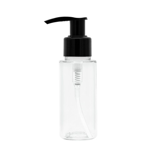 Bezbarwna butelka 50 ml PET, w zestawie z czarną pompką, dozownik, plastikowy komplet, szczelne zamknięcie, zestawy promocyjne, kosmetyki naturalne, dermokosmetyki, próbki, testery, 50 ml PET + PO BL 24/410.