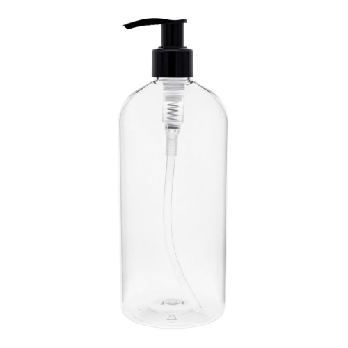 Bezbarwna butelka 500 ml PET, w zestawie z czarną pompką, dozownik, neutralny design, salon kosmetyczny, zaplecze techniczne, do kuchni, mydło, żel, 500 ml PET + PO BL 24/410.