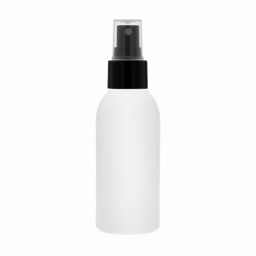 Biała butelka 100 ml HDPE, w zestawie z czarnym atomizerem gładkim, precyzyjne dozowanie, opakowanie podróżne, atomizer zapewnia delikatną mgiełkę, tester, próbki, 100 ml HDPE + AT BL G 24/410.