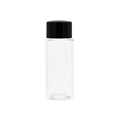Bezbarwna butelka 50 ml, w zestawie z czarną nakrętką, gładka, plastikowa, szczelny zestaw, produkty promocyjne, kosmetyka profesjonalna, produkty laboratoryjne, 50 ml PET + NAK BL 24/410.