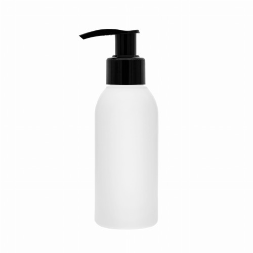 Biała butelka 100 ml HDPE, w zestawie z czarną pompką, dozującą, wielokrotnego użytku, minimalistyczny wygląd, precyzyjna pompka, neutralny design, opakowanie na płyny do dezynfekcji rąk, chemia specjalistyczna, 100 ml HDPE + PO BL 24/410.