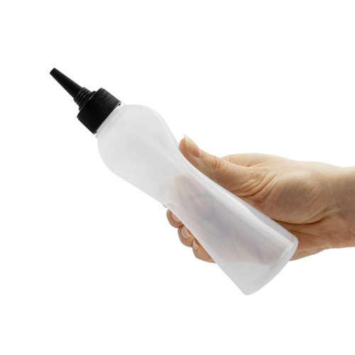 Butelka 250 ml LDPE, w zestawie z czarnym aplikatorem typu dzióbek, precyzyjne dozowanie, bez rozlewania, olejki do włosów, brody, preparaty do skóry głowy, oleje smarujące, farby i pigmenty do rękodzieła, 250 ml LDPE + APL BL 24/410.