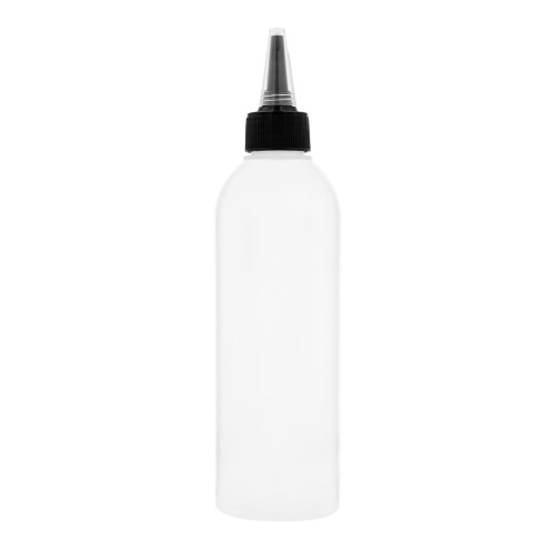 Butelka LDPE 250 ml z aplikatorem do wcierek, odżywek, serum, olejków i preparatów trychologicznych. Elastyczna konstrukcja umożliwia dozowanie przez ściskanie, a dzióbek 3 mm pozwala kierować preparat bezpośrednio w miejsce aplikacji.