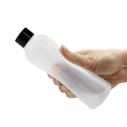 Butelka 250 ml LDPE, w zestawie z czarną nakrętką, odporna na pękanie, łatwość dozowania zawartości poprzez lekkie ściśnięcie, szczelne zamknięcie, do olejów, smarów, olejki do masażu, płyn do prasowania, mydło w płynie, 250 ml LDPE + NAK BL 24/410.