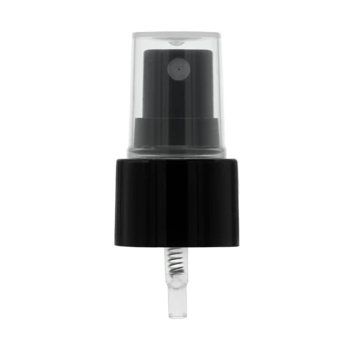 Czarny gładki atomizer 24/410, spryskiwacz typu mgiełka do równomiernego rozpylania. Do kosmetyków, perfum, toników, hydrolatów, płynów pielęgnacyjnych oraz środków dezynfekujących i preparatów antybakteryjnych.