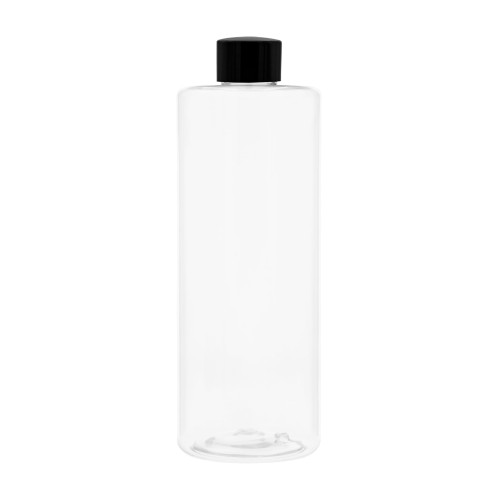 Bezbarwma butelka 400 ml PET, w zestawie z czarną gładką, nakrętką, prosta, szczelna, uniwersalna, do przechowywania własnych mieszanek, chemia warsztatowa, kosmetyki handmade, zestawy testowe, opakowania magazynowe, 400 ml PET + NAK BL 24/410.