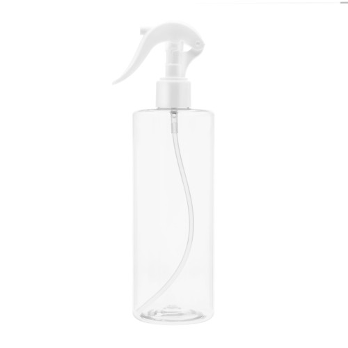 Bezbarwna butelka 400 ml PET, w zestawie z białym mini triggerem, rozpylacz, lekka konstrukcja, wygodne rozpylanie, pielęgnacja roślin egzotycznych, zapachy do wnętrz, chłodzenie zwierząt, aplikacja preparatów pielęgnacyjnych, 400 ml PET + TR WH 24/410.