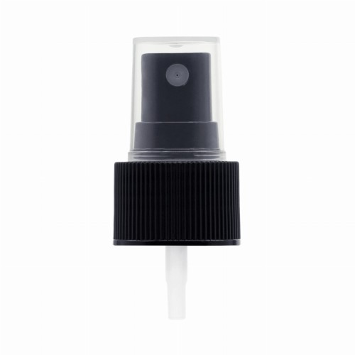 Czarny ryflowany atomizer 24/410 typu mgiełka do kosmetyków, toników, hydrolatów, perfum, płynów pielęgnacyjnych i wybranych środków dezynfekujących. Karbowana powierzchnia i rozpylanie drobnej mgiełki. AT BL R 24/410.