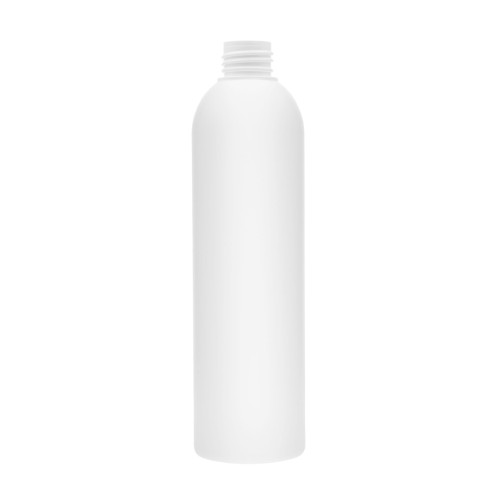 Biała butelka HDPE 300 ml z gwintem 24/410 i kształtem Boston Round. Trwałe opakowanie do kosmetyków, wcierek, preparatów trychologicznych, płynów pielęgnacyjnych, chemii gospodarczej i preparatów technicznych.