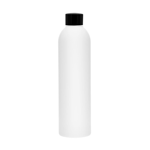 Biała butelka 300 ml HDPE, w zestawie z czarną, gładką nakrętką, solidne opakowanie, możliwość wielokrotnego użytku, bezpieczne dla dzieci, preparaty serwisowe, płyny do sprzątania, roztwory robocze, 300 ml HDPE + NAK BL 24/410.