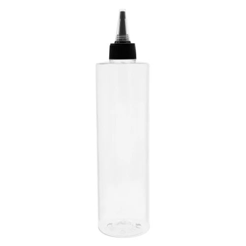 Butelka PET 250 ml transparentna z czarno-przezroczystym aplikatorem dzióbek 24/410. Opakowanie do wcierek, serum, gliceryny, olejków, odżywek, preparatów trychologicznych i kosmetyków wymagających precyzyjnego dozowania.