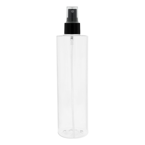 Bezbarwna butelka 250 ml PET, w zestawie z czarnym gładki atomizerem, estetyczny, uniwersalny design, mgiełka dla dzieci, toniki, mgiełki do twarzy, kosmetyka naturalna, salony beauty, SPA, gabinety kosmetyczne, 250 ml PET 24/410 + AT BL G  24/410.