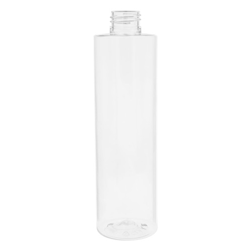 Bezbarwna plastikowa butelka PET 250 ml 24/410 o cylindrycznym kształcie, lekka, trwała i wygodna w użyciu, do kosmetyków, chemii gospodarczej, środków czyszczących oraz zastosowań gastronomicznych, 250 ml PET 24/410.