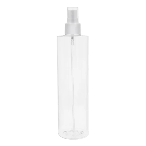 Bezbarwna butelka PET 250 ml z białym gładkim atomizerem 24/410. Estetyczne opakowanie do toników, mgiełek do twarzy, kosmetyków naturalnych i produktów dla dzieci, do salonów beauty, SPA i gabinetów kosmetycznych. 250PET24410+ATWHG24410.