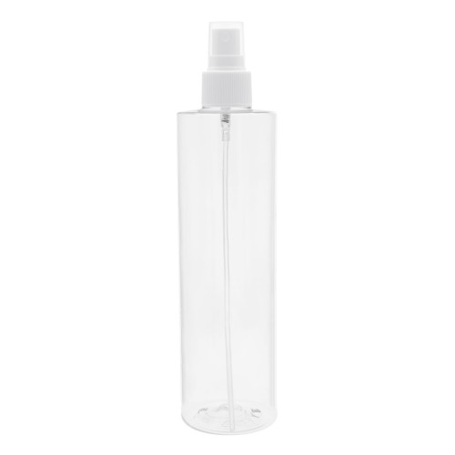 Bezbarwna butelka 250 ml PET, w zestawie z białym ryflowanym atomizerem, estetyczny, uniwersalny design, mgiełka dla dzieci, toniki, mgiełki do twarzy, kosmetyka naturalna, salony beauty, SPA, gabinety kosmetyczne, 250 ml PET 24/410 + AT WH R 24/410.