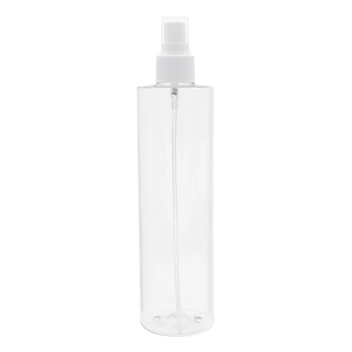 Bezbarwna butelka PET 250 ml z białym ryflowanym atomizerem 24/410. Estetyczne opakowanie do toników, mgiełek do twarzy, kosmetyków naturalnych i produktów dla dzieci, do salonów beauty, SPA i gabinetów kosmetycznych. 250PET24410+ATWHR24410.