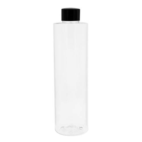 Bezbarwna butelka 250 ml, w zestawie z czarną nakrętką, szczelny zestaw, estetyczny, uniwersalny wygląd, laboratoria, przemysł, płyny miceralne, toniki, żele pod prysznic, 250 ml PET 24/410 + NAK BL 24/410.