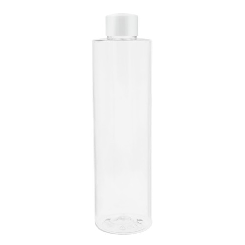 Bezbarwna butelka 250 ml, w zestawie z białą nakrętką, szczelny zestaw, estetyczny, uniwersalny wygląd, laboratoria, przemysł, płyny miceralne, toniki, żele pod prysznic, 250 ml PET 24/410 + NAK WH 24/410.