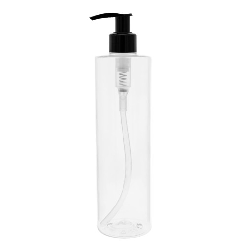 Bezbarwna butelka 250 ml PET, w zestawie z czarną pompką dozującą, wygodna w użytkowaniu, kontrola podczas dozowania, balsam, szampon, płyny do dozowania w salonach i gabinetach, 250 ml PET 24/410 + PO BL 24/410.