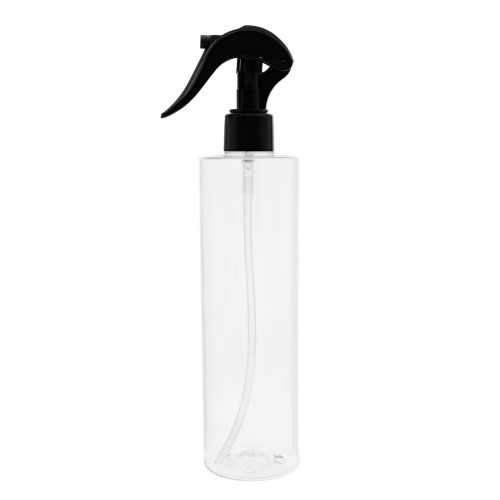 Bezbarwna plastikowa butelka 250 ml PET, w zestawie z czarnym mini triggerem, rozpylaczem, precyzyjne dozowanie, chemia gospodarcza, motoryzacja, detergenty, 250 ml PET 24/410 + TR BL 24/410.