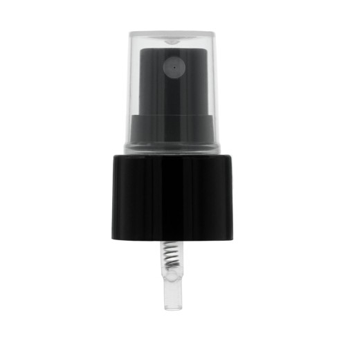 Czarny atomizer gładki 24/410, spryskiwacz typu mgiełka do aplikacji kosmetyków, perfum, toników, hydrolatów i płynów pielęgnacyjnych. Zamknięcie do butelek kosmetycznych z gwintem 24/410. ATBLG24410.