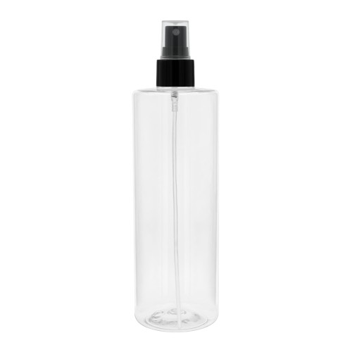 Bezbarwna butelka 300 ml PET, w zestawie z czarnym gładkim atomizerem, estetyczny, uniwersalny design, mgiełka dla dzieci, toniki, mgiełki do twarzy, kosmetyka naturalna, salony beauty, SPA, gabinety kosmetyczne, 300 ml PET 24/410 + AT BL G 24/410.