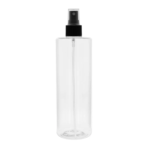 Bezbarwna butelka PET 300 ml z czarnym ryflowanym atomizerem 24/410. Estetyczne opakowanie do toników, mgiełek do twarzy, kosmetyków naturalnych i produktów dla dzieci, do salonów beauty, SPA i gabinetów kosmetycznych. 300PET24410+ATBLR24410.
